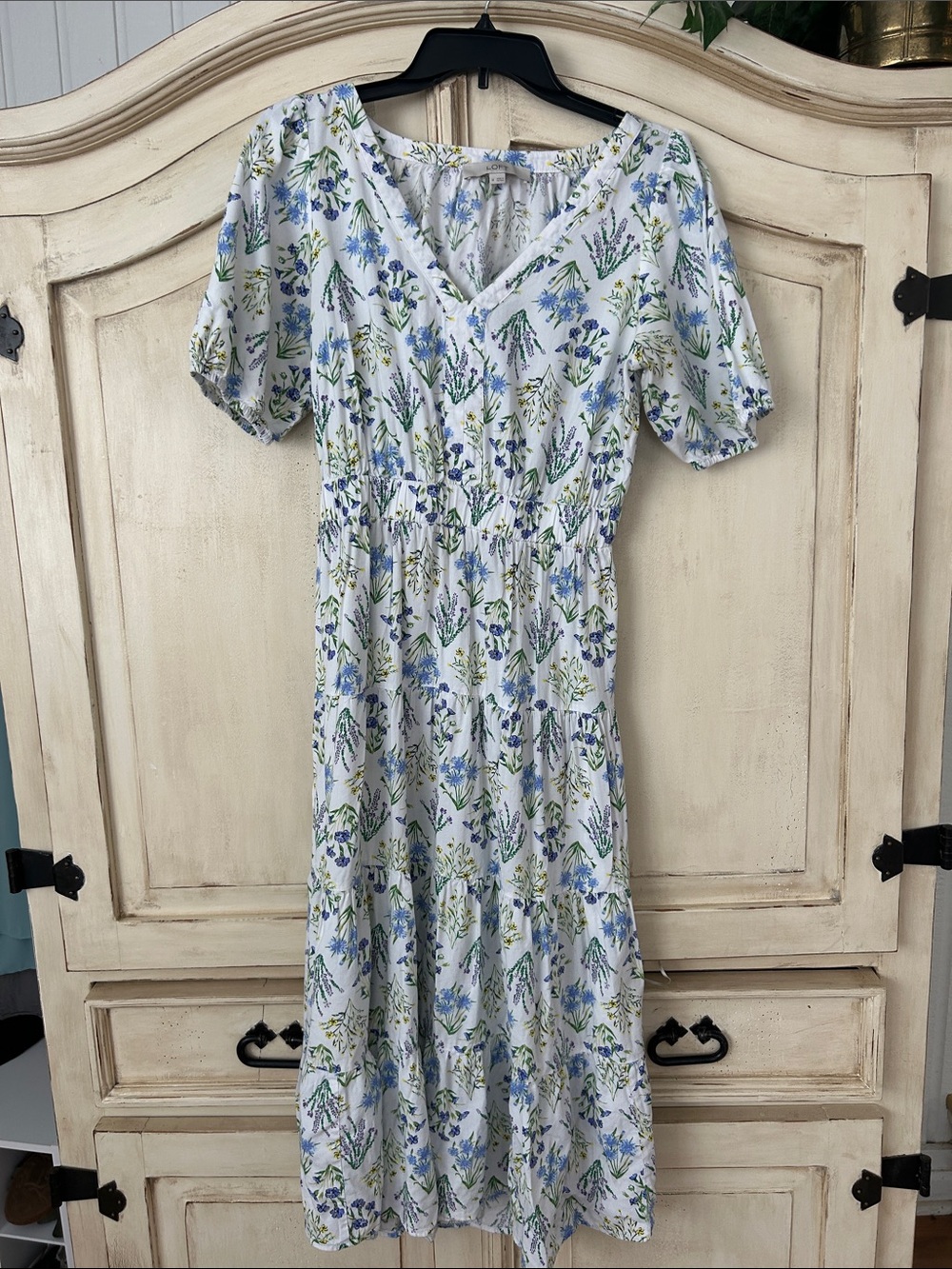 LOFT Light Blue Floral V-Neck Tiered Midi Dress